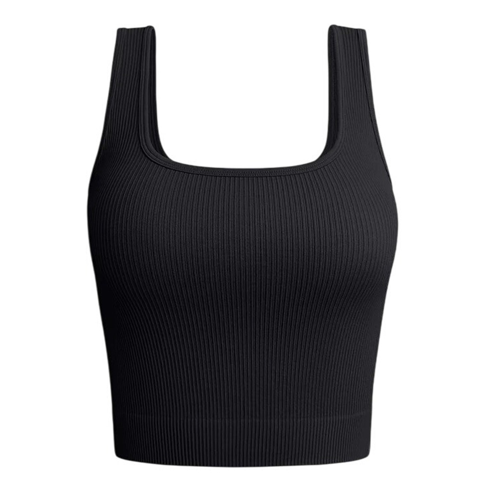 Medium Black Ribbed Sleeveless Seamless Inner/Yoga/Tank Crop Top [OQQ3-Black]
